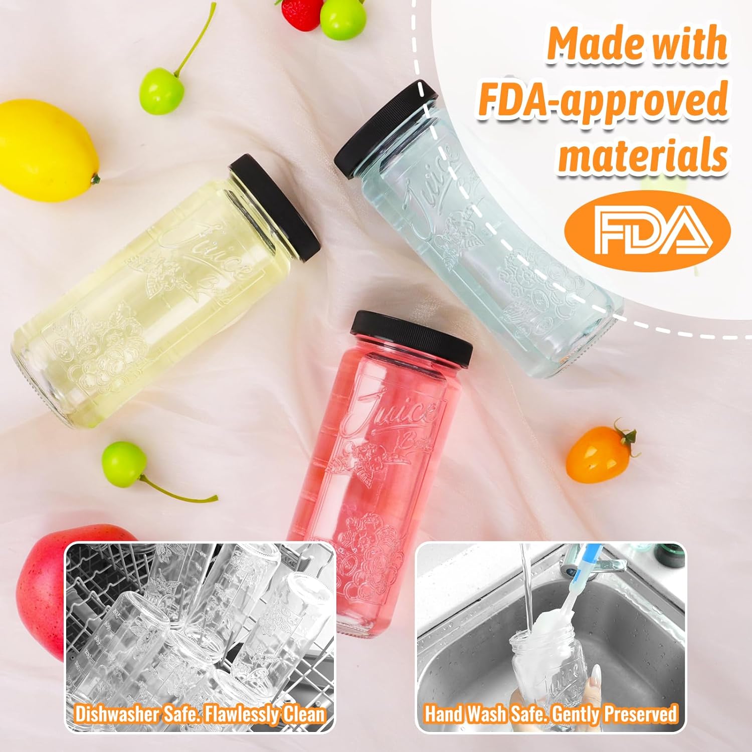 8 Pack 16oz Glass Juice Bottles with Lids - Juicing Bottles with Thickened Leakproof Caps & Custom Designs, High-Clarity Reusable Glass Bottles for Juicing, Smoothies, Kombucha and Iced Coffee - Image 7