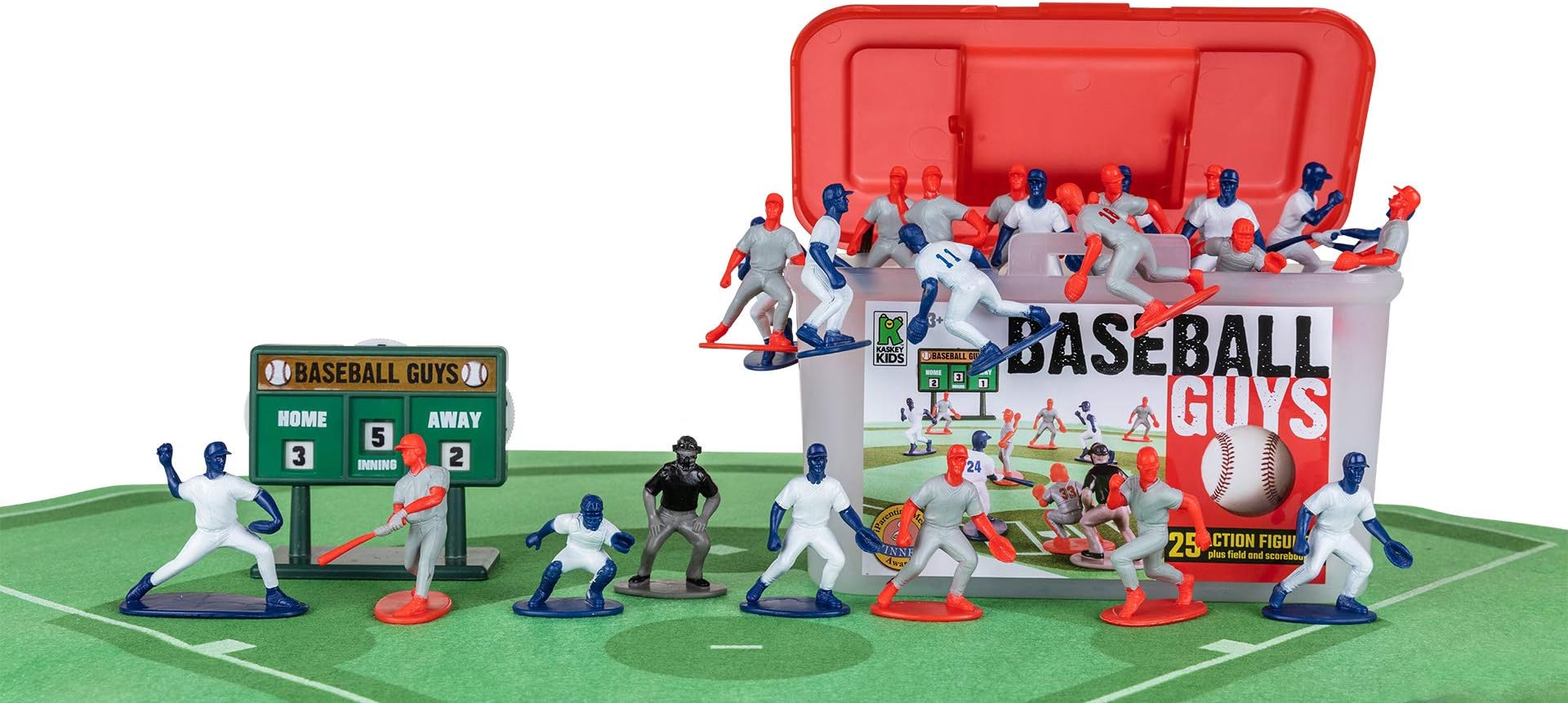 Kaskey Kids Baseball Guys, Red Gray vs. Blue White, 29 Pieces in Each Set, Includes 2 Teams, Accessories, and Travel Storage Case, Nostalgic Sports Action Figures for Imaginative Play, Ages 3 and Up