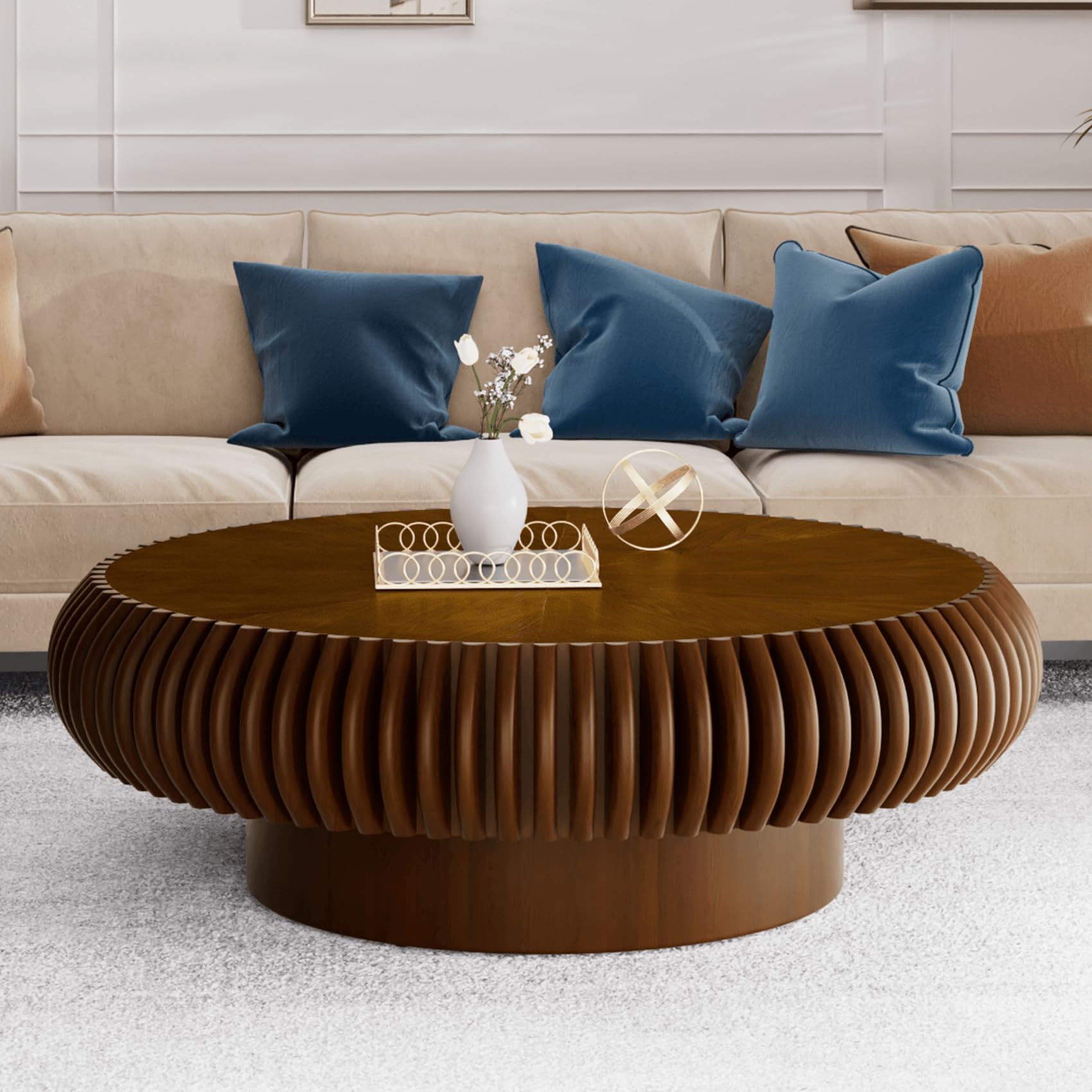 Zuowenyg B Modern Round Fluted Drum Shape Coffee Table