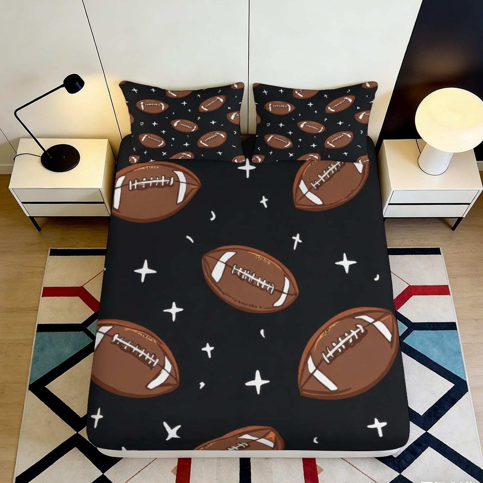 3D Printed American Football Fitted Sheet Microfiber Deep Pocket Non-Slip Bedroom American Football Mattress Fitted Cover Washable for Adults Teens 120x200x25cm