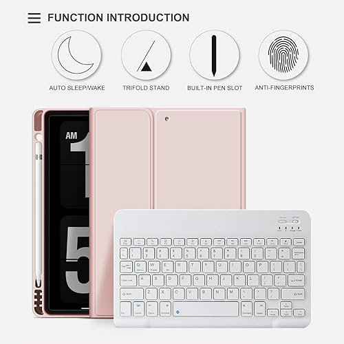 Miniatura 11 de aoub Funda para iPad de 9ª/8ª/7ª generación de 10.2 pulgadas, funda de teclado Bluetooth inalámbrica desmontable, funda trasera de TPU suave