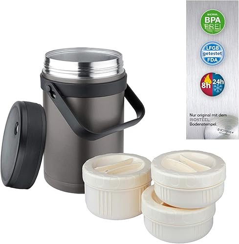 Isosteel VA-9683AT contenedor de alimentos hermético de 51 onzas de acero inoxidable con pared doble revestido en color gris titanio, incl. 3