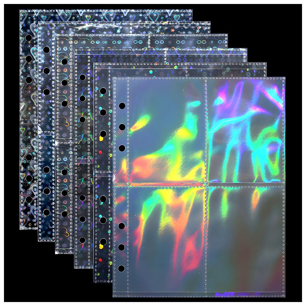 12 fogli A5 buste per raccoglitori di carte con 8 tasche, 6 tasche per raccoglitori di carte a 6 anelli, maniche double-face per fotocard laser, stelle, fiori, cuore, pagine per album fotografici