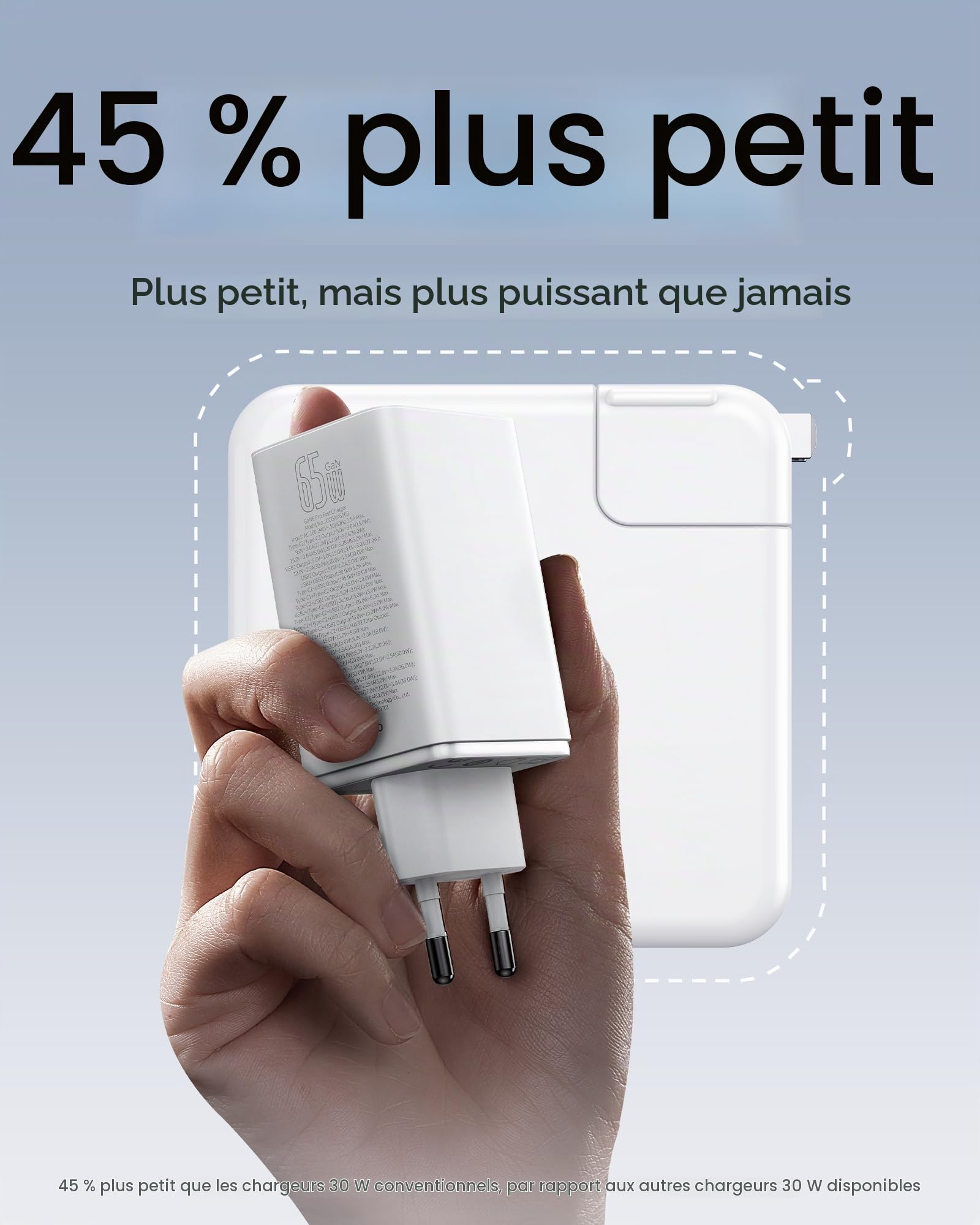 Baseus 65W Chargeur USB C Rapide 4 Ports avec GaN 6 Tech Compatible avec MacBook Pro/Air, Surface, Laptop, iPhone 15-12 séries, Pixel, Galaxy, Blanc