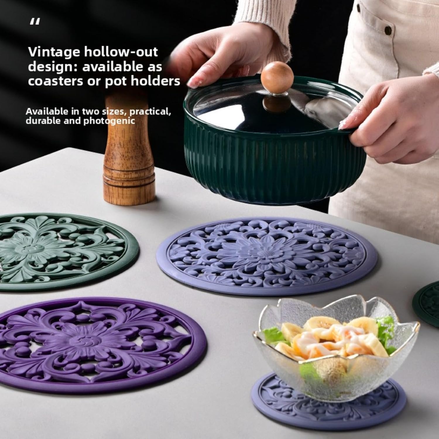 Silicone Trivet for Hot Pots - Heat Resistant Non-Slip Lotus Mat for Counter, Flexible Round Pad (Single 7" or 3-Piece Sets) (Gray,3-Piece Set (20cm))