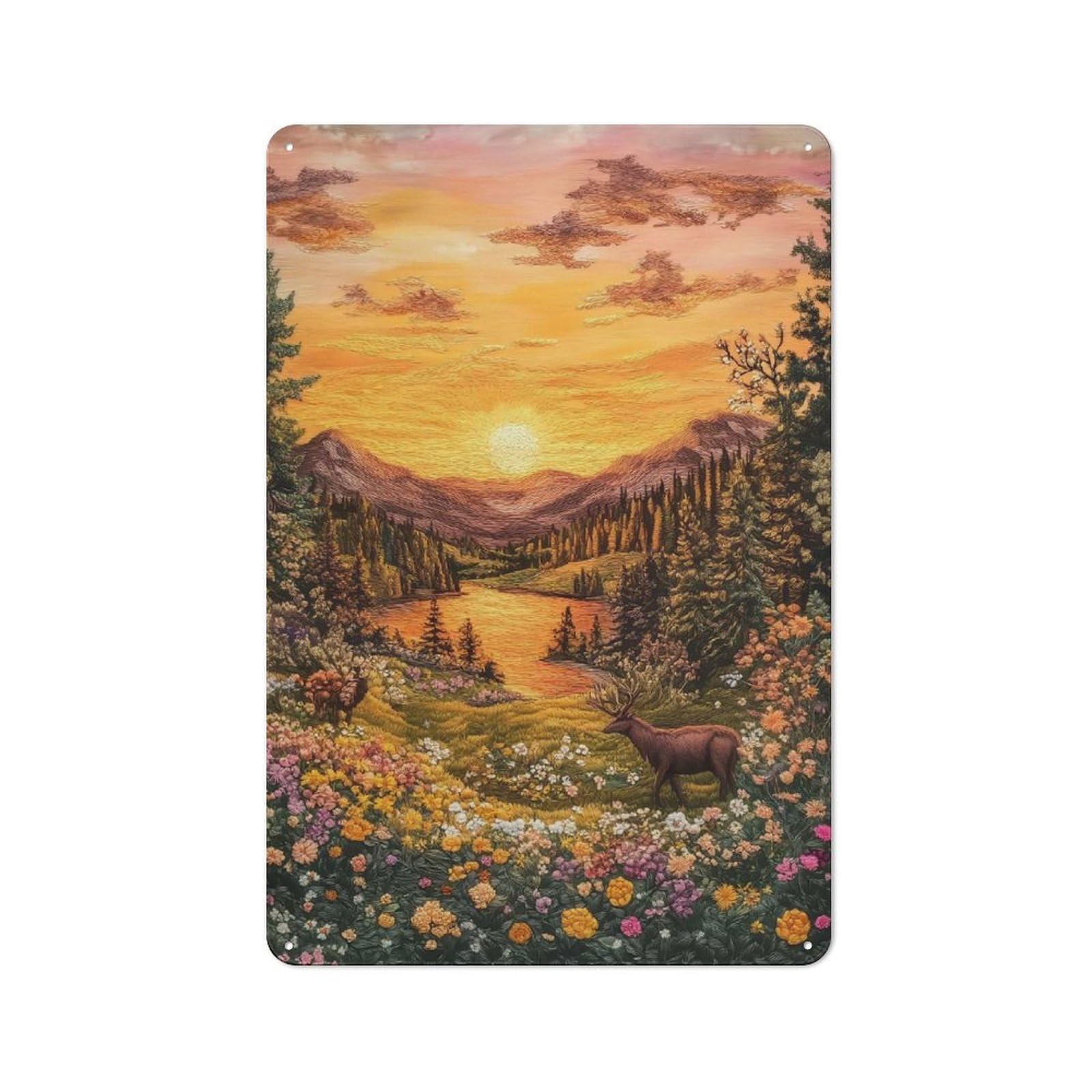 Sunset Deer Embroidery Industrial Metal Sign 30x20cm, Modern Retro Loft Wall Plaque for Workspace, Cafe, Hallway Or Garage
