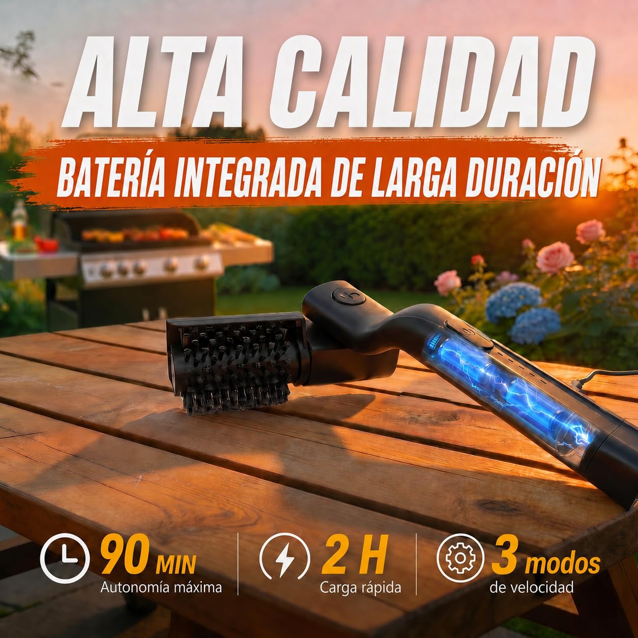 Cepillo eléctrico para Barbacoa y Parrilla, Limpiador de Parrilla eléctrico con Cabezal Ajustable 180°, 3 velocidades 300/350/400 RPM, batería USB-C 90 min, IPX6, cepillos Intercambiables