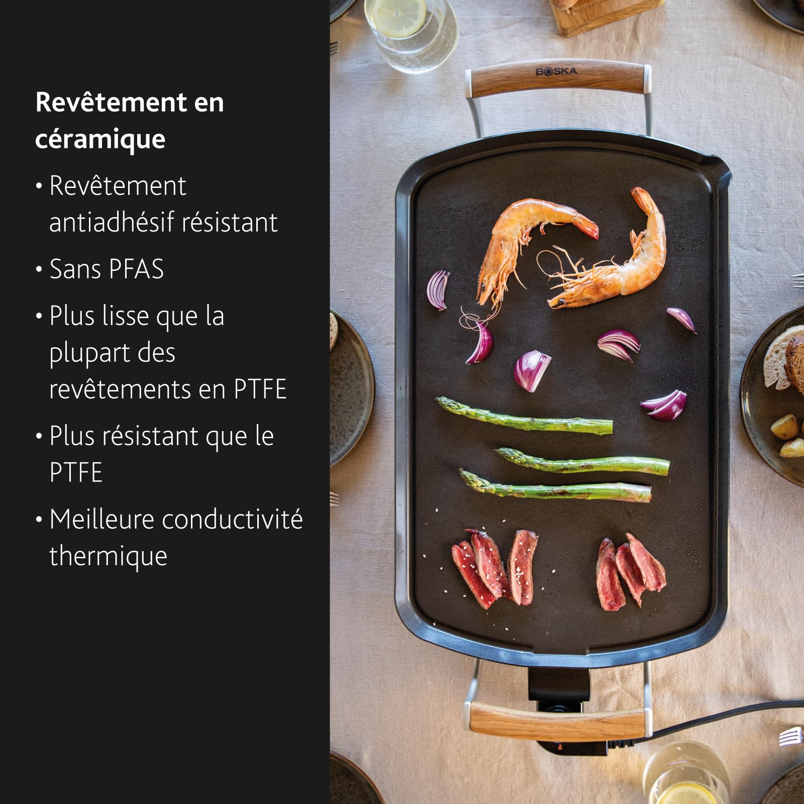 Boska Plancha Électrique Pro – Plaque Teppanyaki 35x56 cm – Revêtement Céramique sans PFAS – Thermostat Réglable – Écoulement des Graisses – Poignées en Chêne – Noir