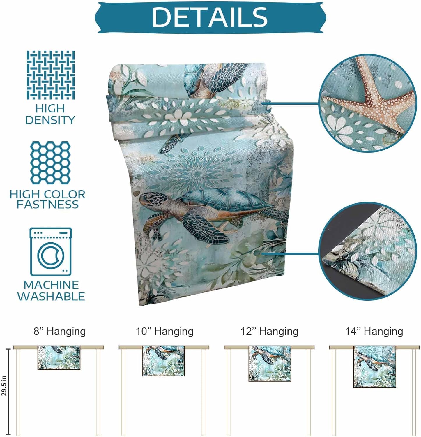 Sea Turtle Coastal Table Runner 120 Inches Long, Nautical Beach Farmhouse Dress Scarves, Vintage Teal Botanical Ocean Dining Tablerunner for Coffee Table/Kitchen Island/Party, 13" x 120"