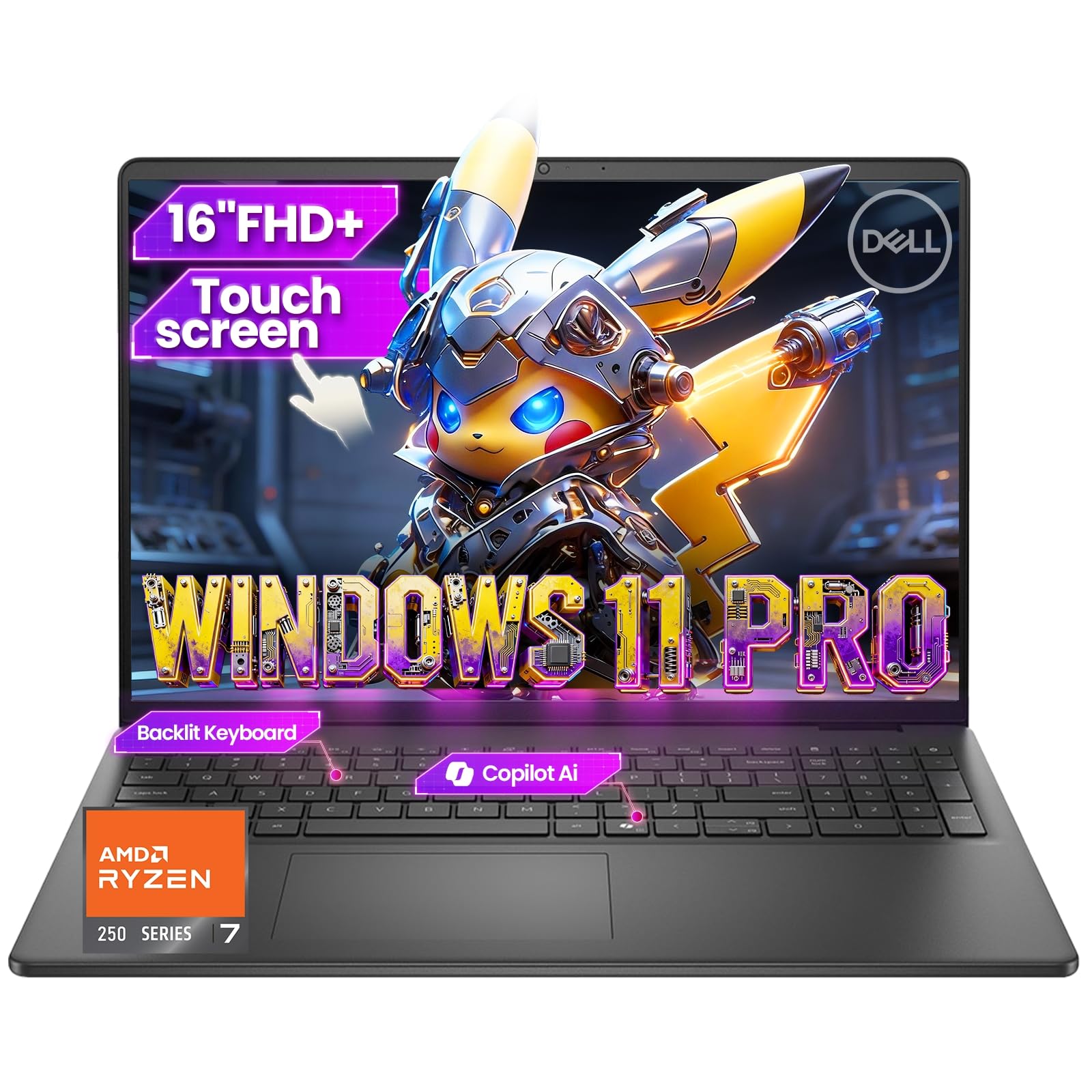 Dell 16-inch Touchscreen Business Laptop - AMD Ryzen 7 250(Beat Core 7 150U)| 16 Tops NPU | AI Copilot Key | 16" FHD+ Display |Backlit KB|Win 11 Pro|