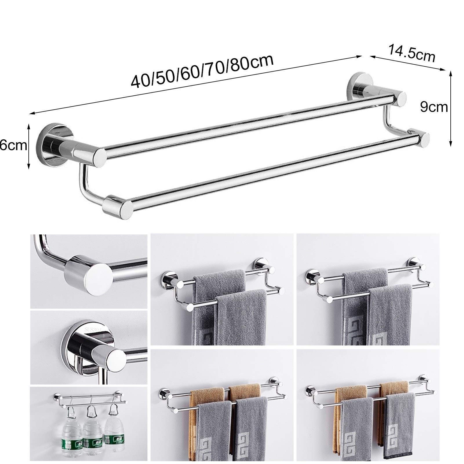 Barra de Toalla Doble de baño Sus 304 Barra de Toalla Plateada de Acero Inoxidable para baño Cocina, 40/50/60/70/80 cm (Tamaño: 50 cm)