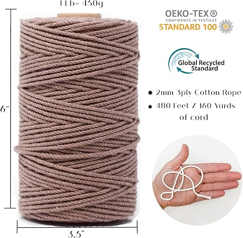 Miniatura 2 de GANXXET Cordón de algodón para macramé color visón de 0.079 in, 3 capas, reciclado, 3 hebras x 480 pies, 160 yardas, para colgar en la pared,