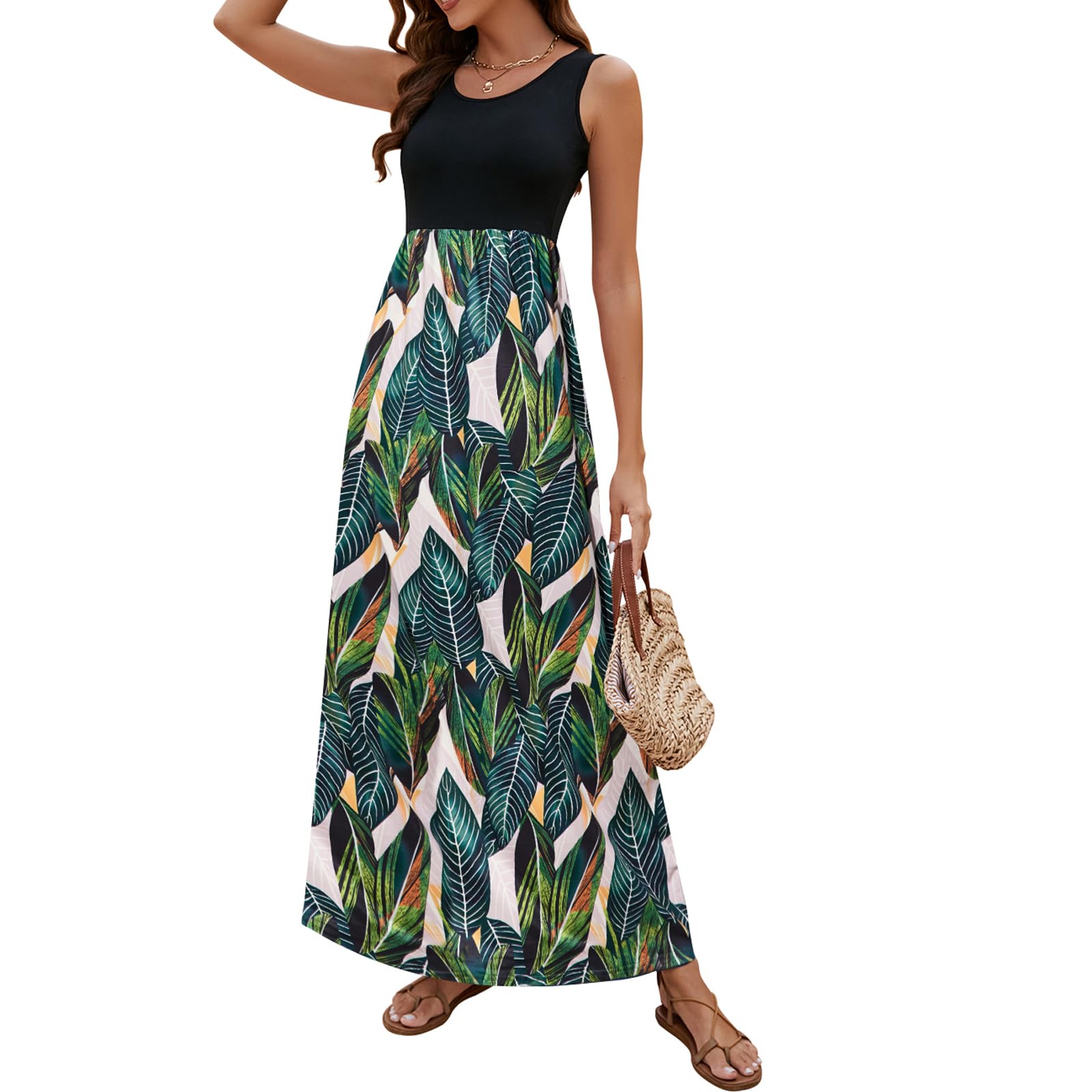 Sherosa Women Boho Chevron Striped Floral Printed Summer Sleeveless Tank Long Maxi Party Dress