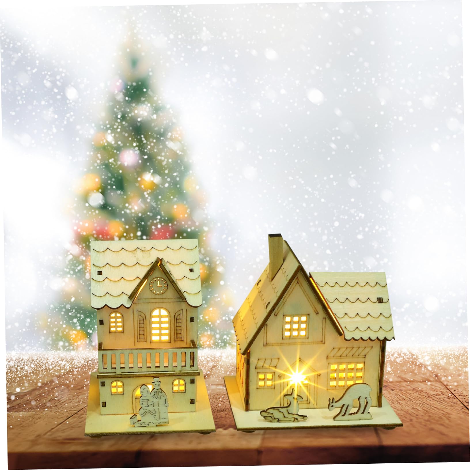 GALPADA 3 Piezas Decoración Navideña de Madera Luminosa Hogar de Casa de Madera LED para Casas Luminosas Decoración Escritorio Hogar