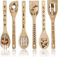 Vista 6 de CRASPIRE Juego de 6 cucharas de madera para cocinar con hongos, juego de utensilios de cocina de primavera, vajilla de cocina de bambú natural