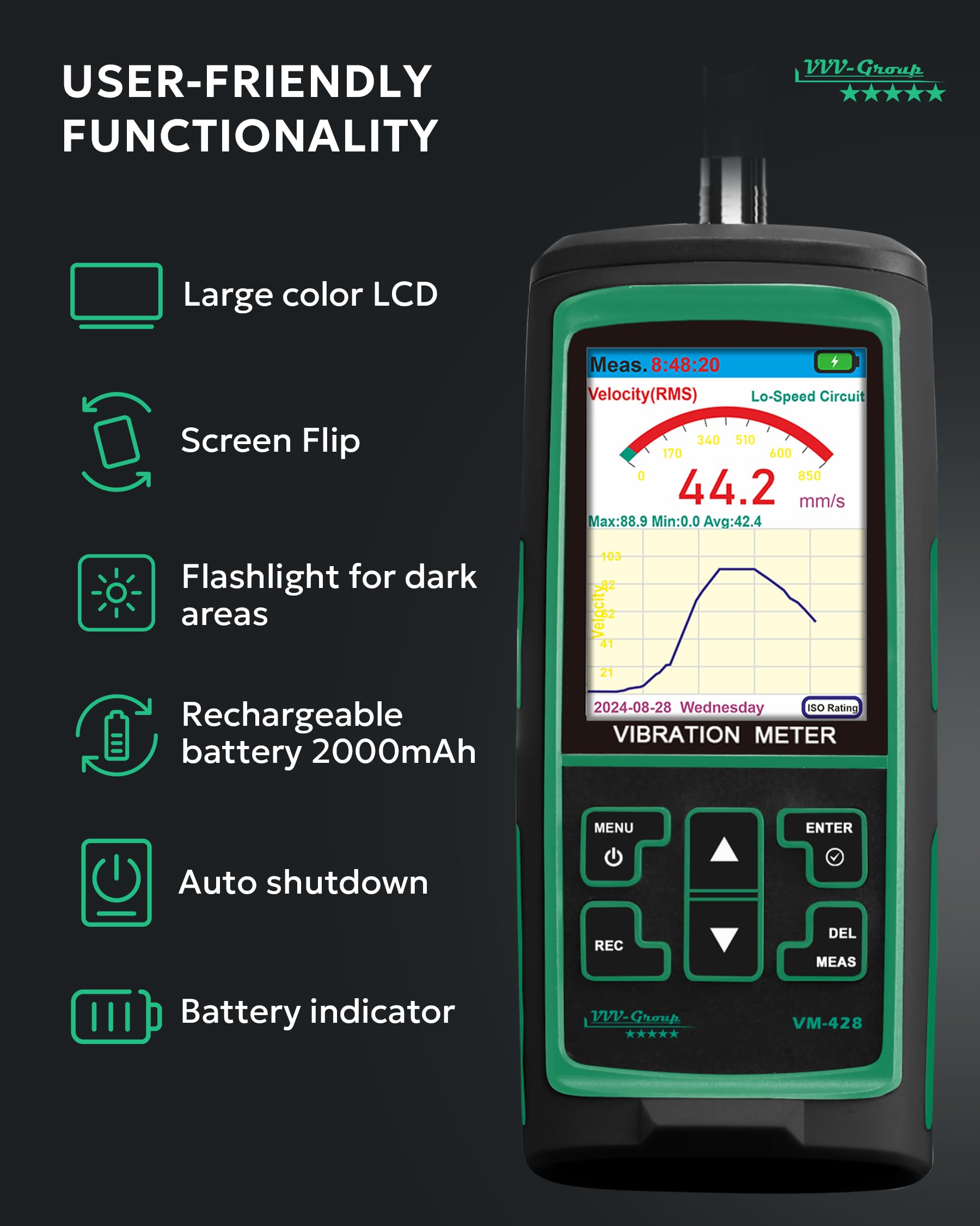 Industrial Vibration Meter – VM-428 Analyzer with External Sensor & PC Software, Acceleration 0.1–300 m/s², Velocity 1–850 mm/s, Displacement 1–3300 µm, 30Hz–14kHz, ISO Machine Rating — Amazon image 5