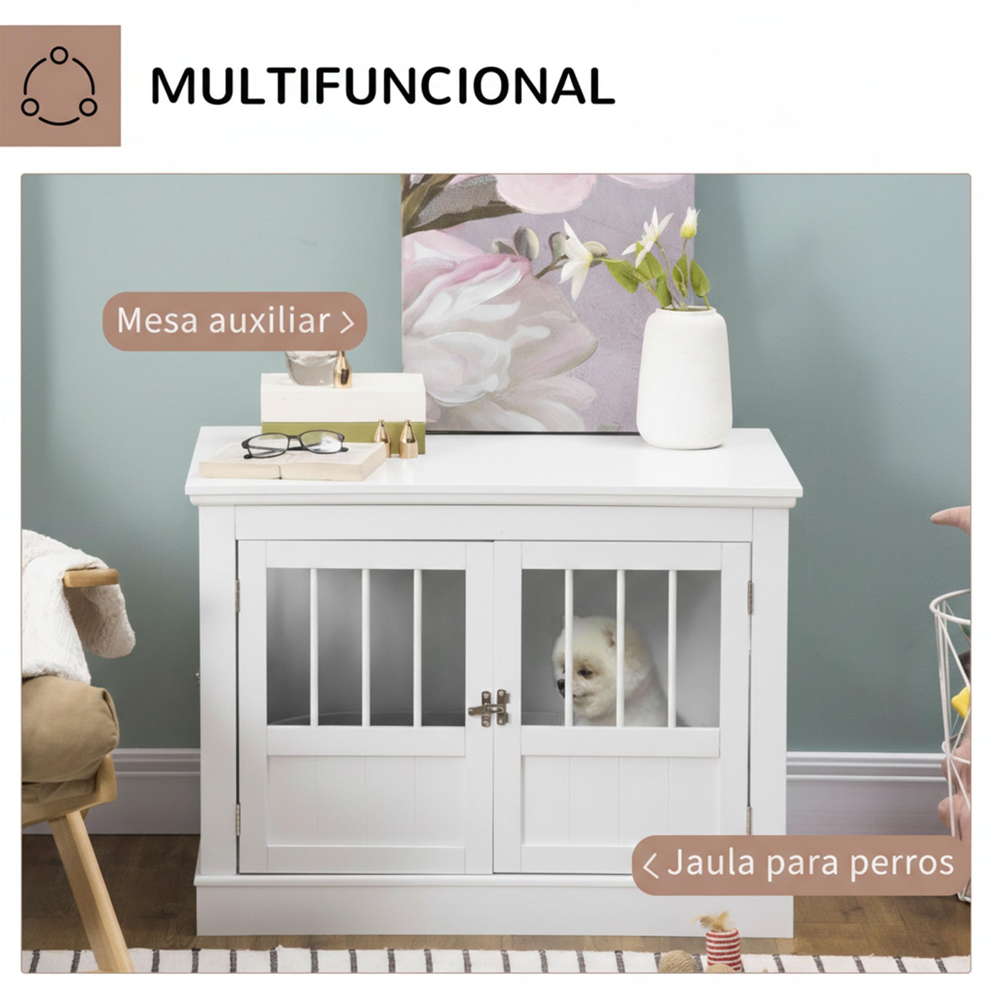 PawHut Jaula para Perros, Mesa Auxiliar, Casa para Mascotas Moderna con 3 Puertas Francés con Cierre Magnético, para Perros Pequeños, 78x53x59,3 cm, Blanco