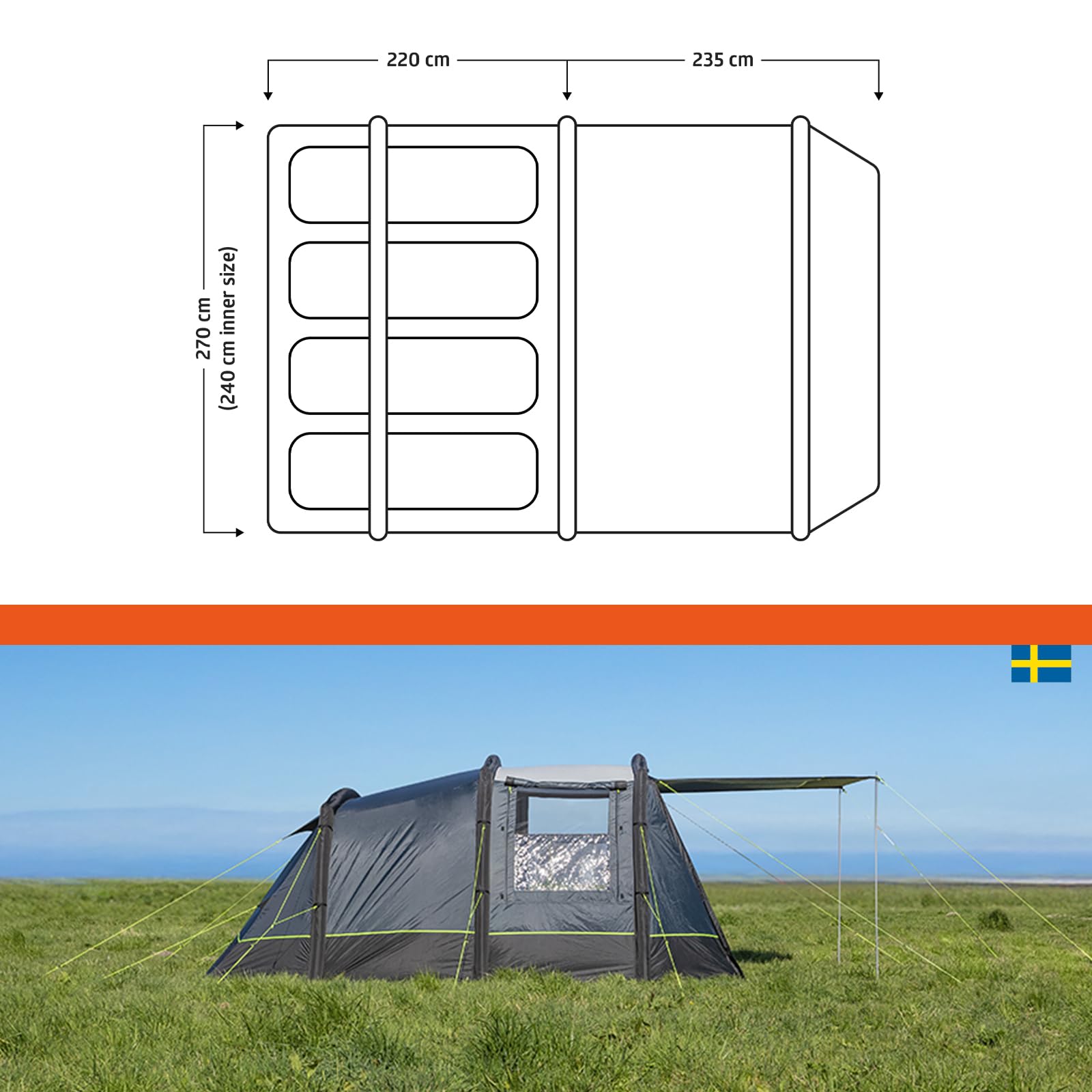 Campout Aufblasbares Tunnelzelt 455 x 270 cm – 4-Personen-Familienzelt mit 2 Schlafbereichen – Inklusive Pumpe und Bodenplane – Schwarz