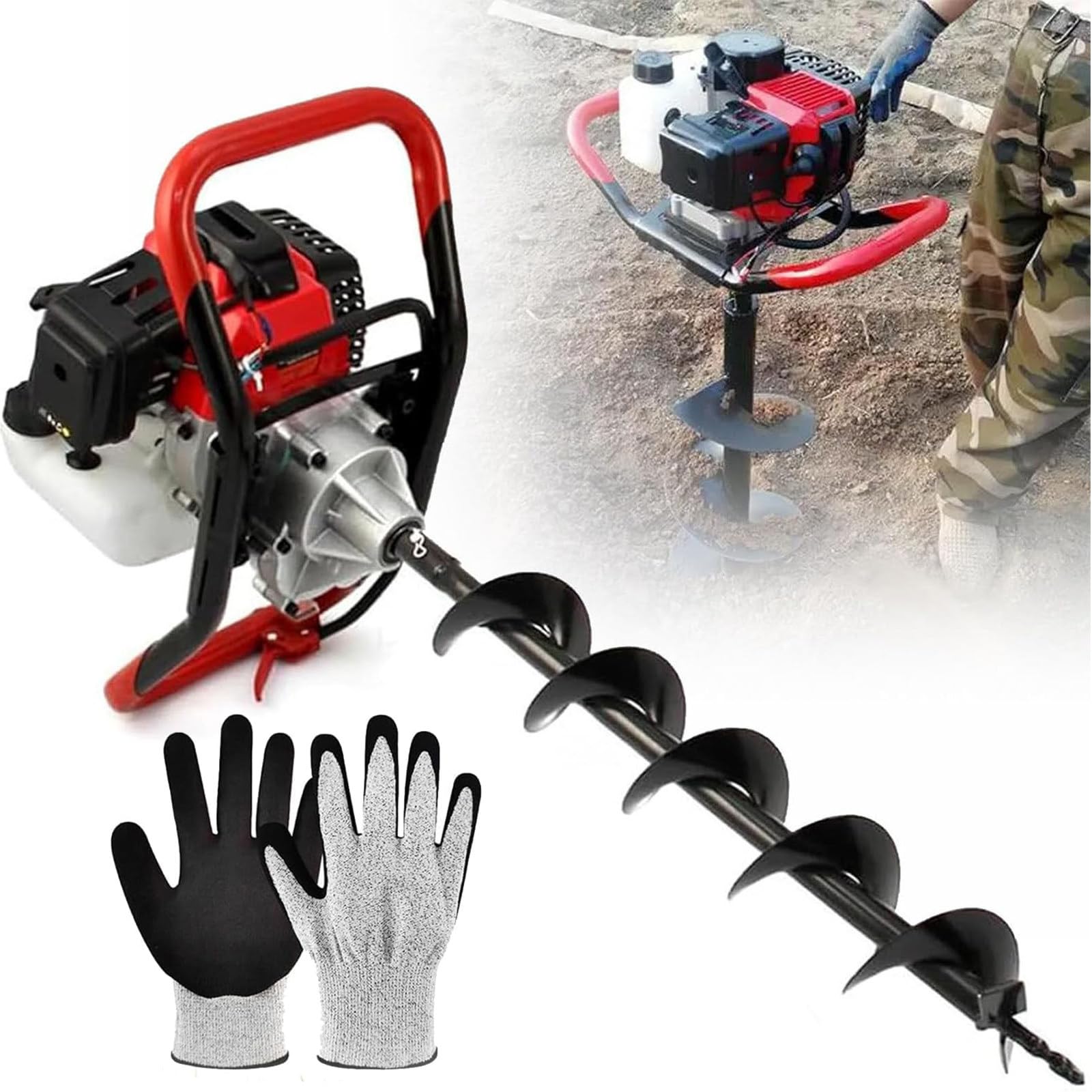 4 Stroke Gasoline Post Hole Digger,3800w/12000r/Min Petrol Earth Ground Drill,Earth Auger Cordless,Earth Auger Gas Powered,Diggers for Fence Posts Garden Soil Tree,9 Types of Drill Bits 10cm