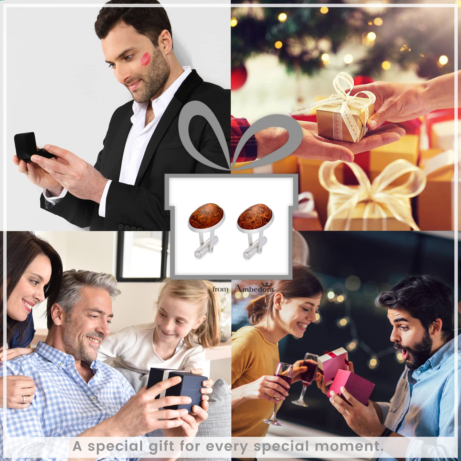 Arava Manschettenknöpfe für Herren mit Bernstein, Sterling Silber Poliert, Ovaler Baltischer Bernstein, Silbermanschettenknöpfe mit Good Luck Gravur, Geschenkset