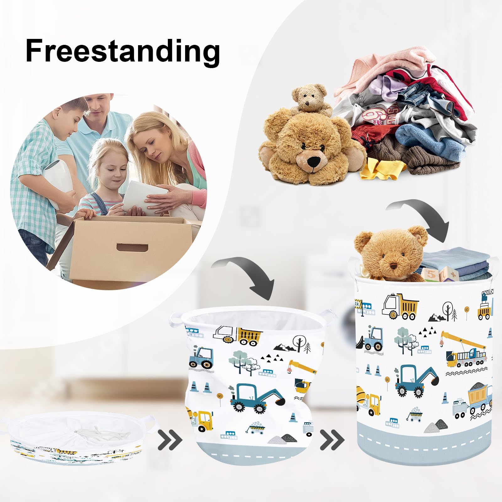 HUUMONSS Cartoon Cars Storage Basket for Parents Organizing Kids Toys Clothes Large Boys Gift Toy Box Bin Laundry Hamper for Bathroom Shower,Crane,63L - Image 3