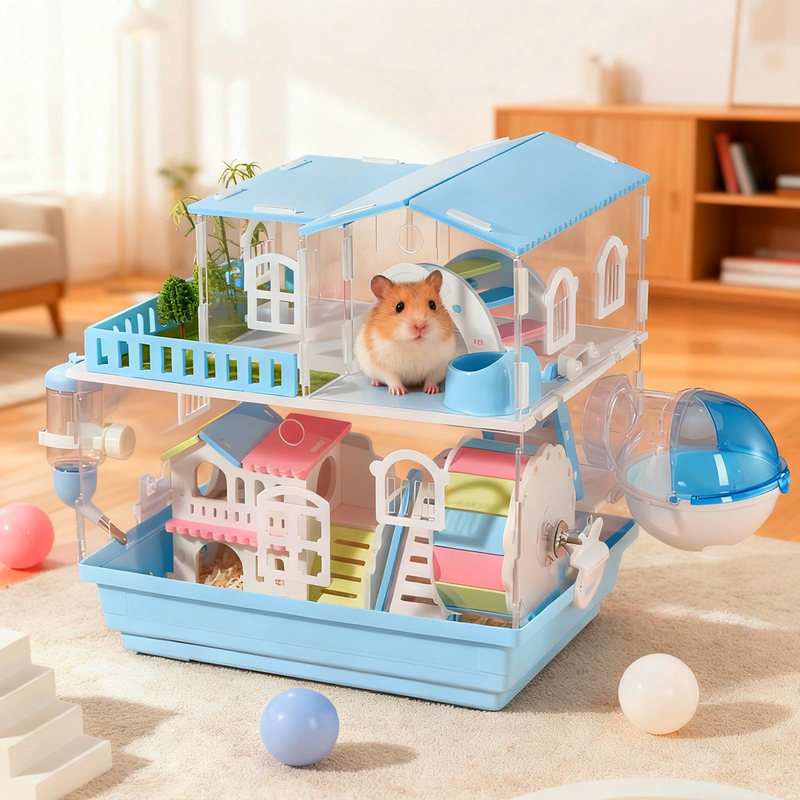 Cage pour hamster à deux étages en acrylique - 35 x 26 x 36 cm - Avec fermeture magnétique - Avec gourde, gamelle, roue, baignoire et pont coloré - Fond amovible - Bleu