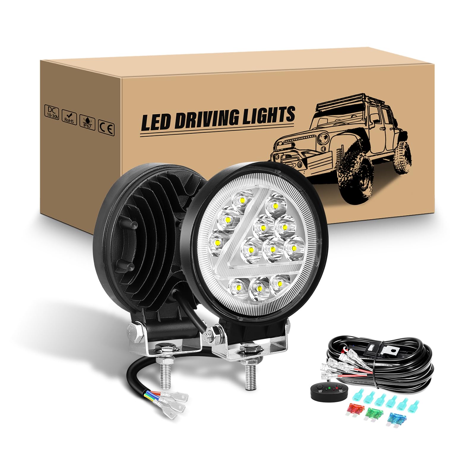 RIGIDONLED Work Light with 12 V Wiring Harness Kit, 2 Pieces, 4 Inch 36 W Round LED Additional Headlights, White Amber Spotlight, Offroad Headlight for 4 x 4 Car Quad Tractor Truck, LED Work Light
