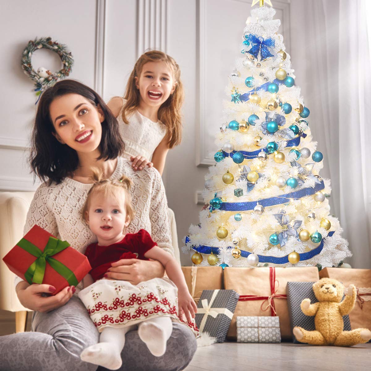 GOPLUS Árbol de Navidad Artificial Blanco de 150/180/210/240 cm con 950 Puntas de Rama PVC, Decoración Navideña Festiva con Soporte de Metal, Árvore de Natal Tradicional con Nieve (210cm Blanco)