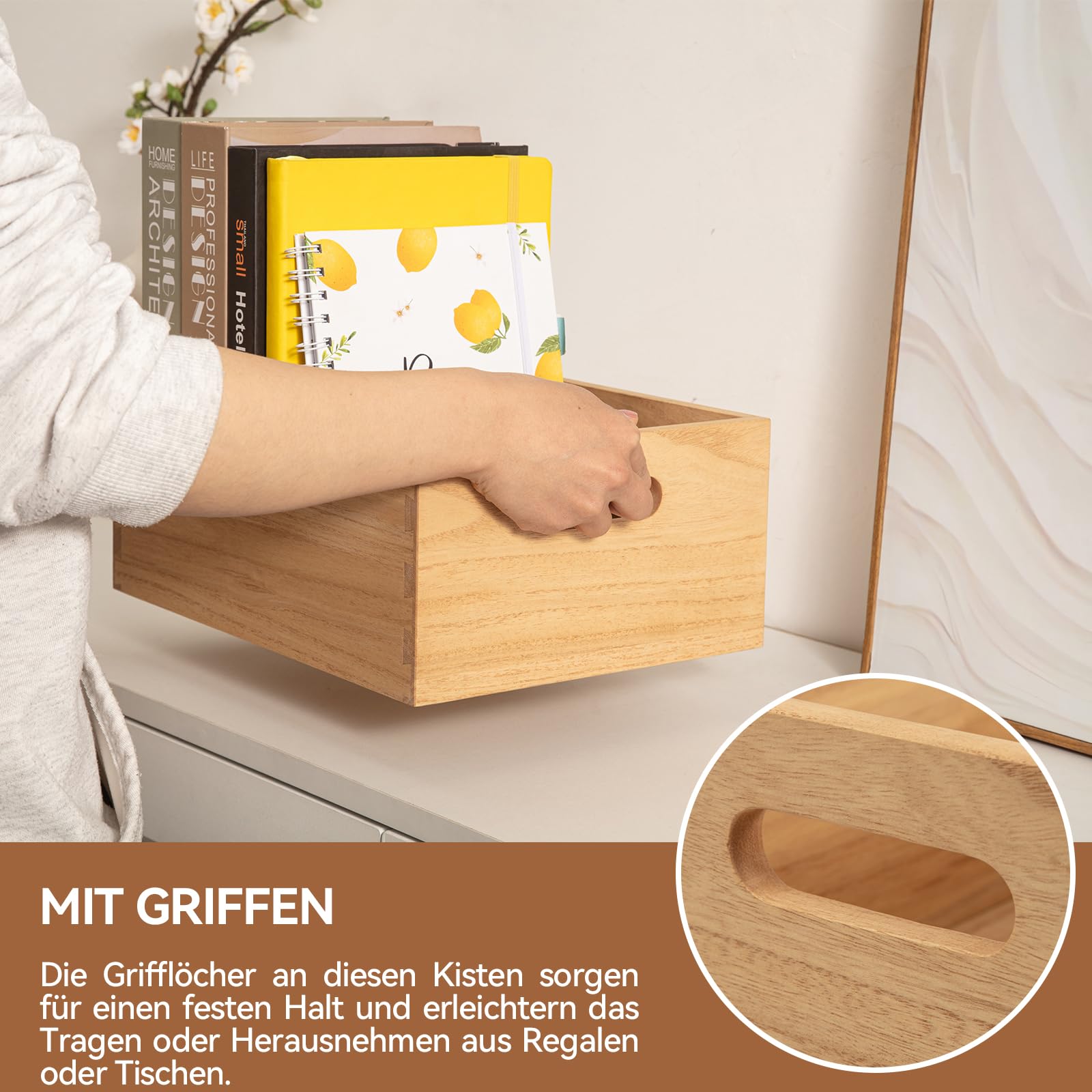 KIRIGEN Aufbewahrungsbox Holz, 3er-Holzkisten-Set mit Griffen, Natur | Ineinander verstaubar, handgefertigt, fertig montiert, Zapfenverbindungen, Pflanzenöl-Oberfläche, für trockene Innenräume