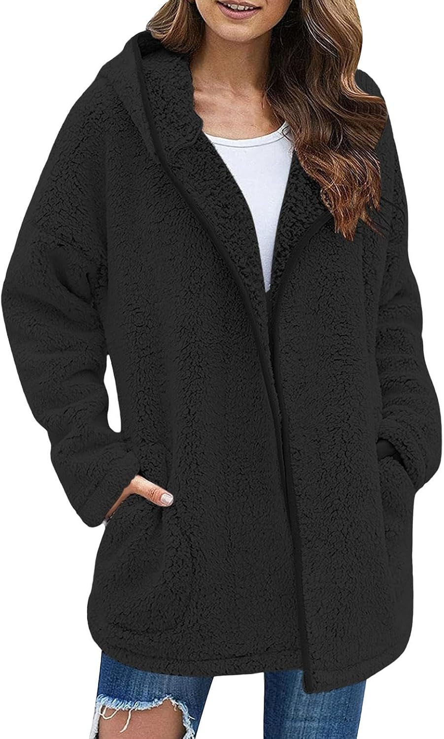 Womens Fleece Oversized Winter Warm Hooded Coat Long Sleeve Open Front Faux Furs Fuzzy Cardigan Jackets with Pockets