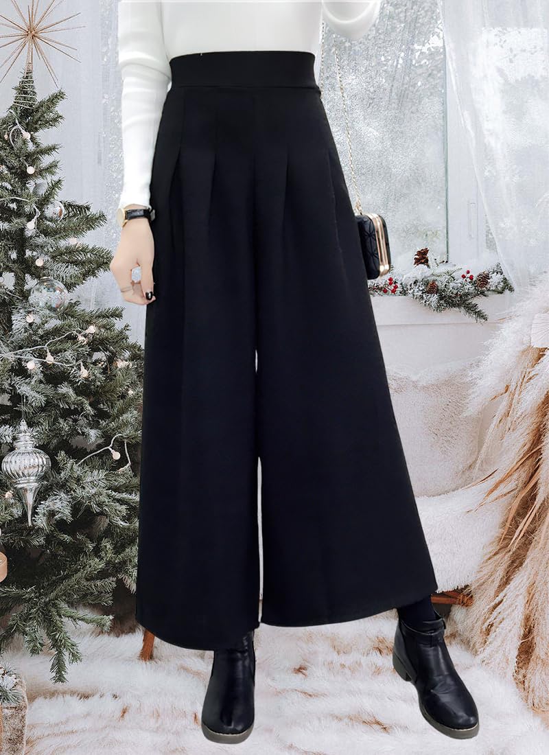 chouyatou Pantalones capri Palazzo, de cintura alta, pierna ancha, a cuadros, mezcla de lana, con bolsillos