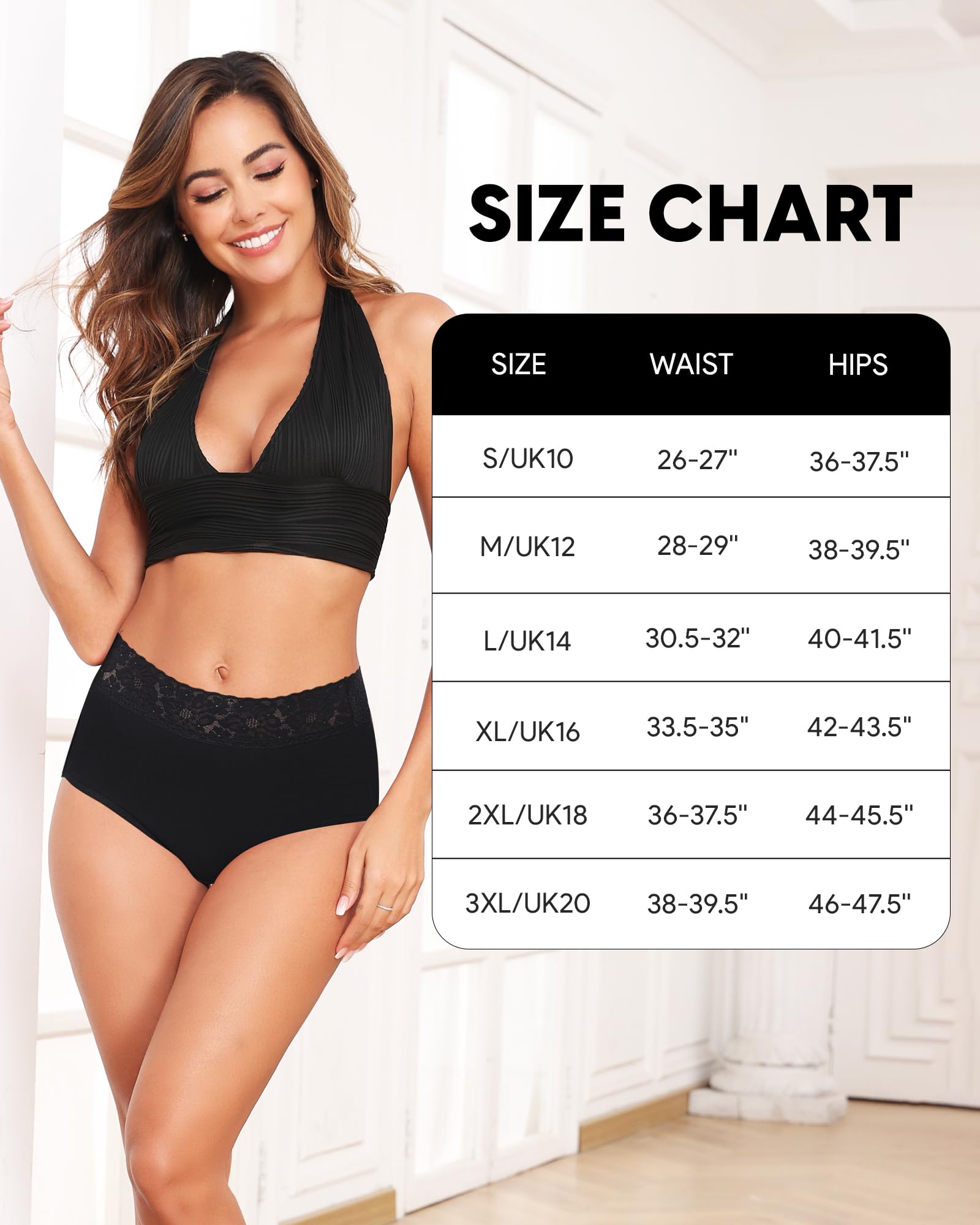 RHYFF Ropa interior de algodón para mujer, bragas de encaje de cintura alta, suaves, transpirables, hipster, cobertura completa, tallas S-3XL