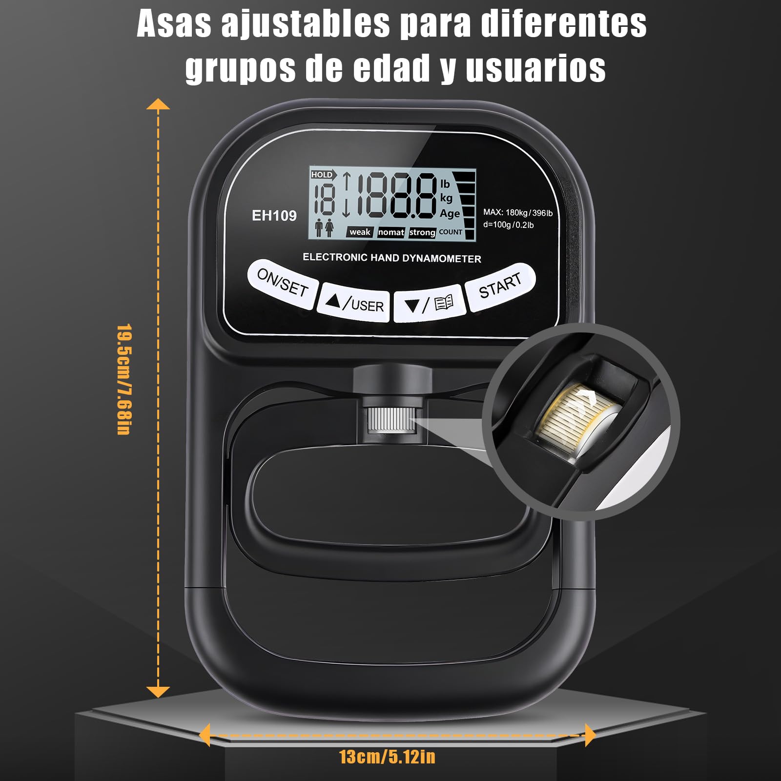 Dinamómetro de Mano Digital Automático 180KG Medidor de Fuerza de Agarre Electrónico Pantalla LCD