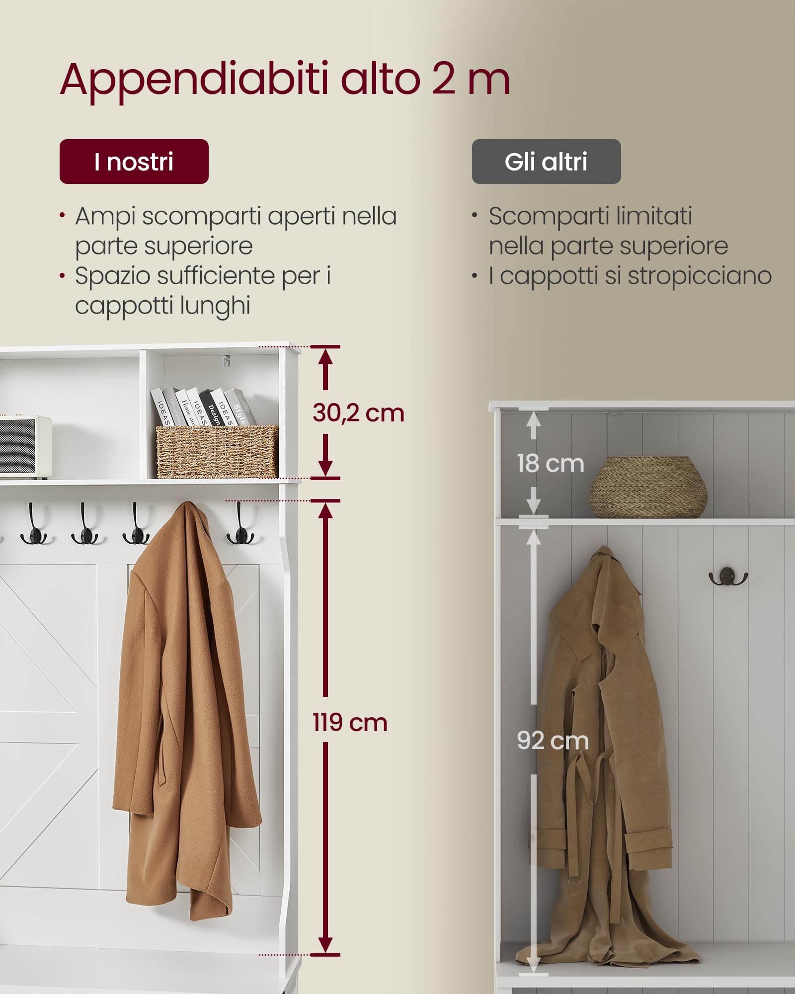 VASAGLE Appendiabiti Ingresso con Panca Scarpiera, Mobile Ingresso da Terra, Ripiani Regolabili, 20 Scomparti Aperti, 6 Ganci Tripli, Salvaspazio, Entrata Corridoio, Bianco Nuvola HSR440W03