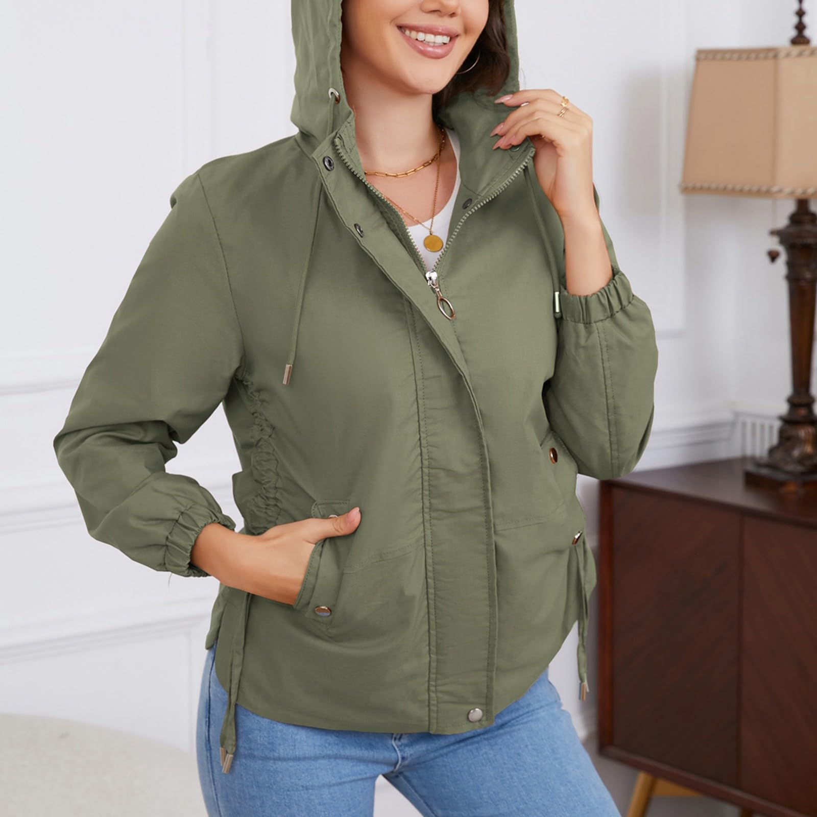 Generisch Chaqueta de verano elegante para mujer, chaqueta de lluvia para mujer, fina, ligera, para senderismo, chaqueta de entretiempo, corte holgado, chaqueta de ocio con bolsillos, chaqueta con