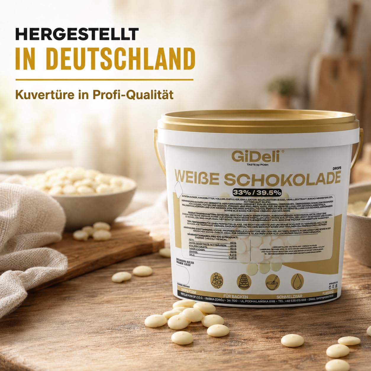 GiDeli Weiße Schokolade Drops 5kg im Eimer - Kuvertüre mit Kakaobutter & 33% Kakao - Backschokolade zum Schmelzen - Einfache Dosierung - Ideal für Pralinen, Ganache & Schokoladenfondue