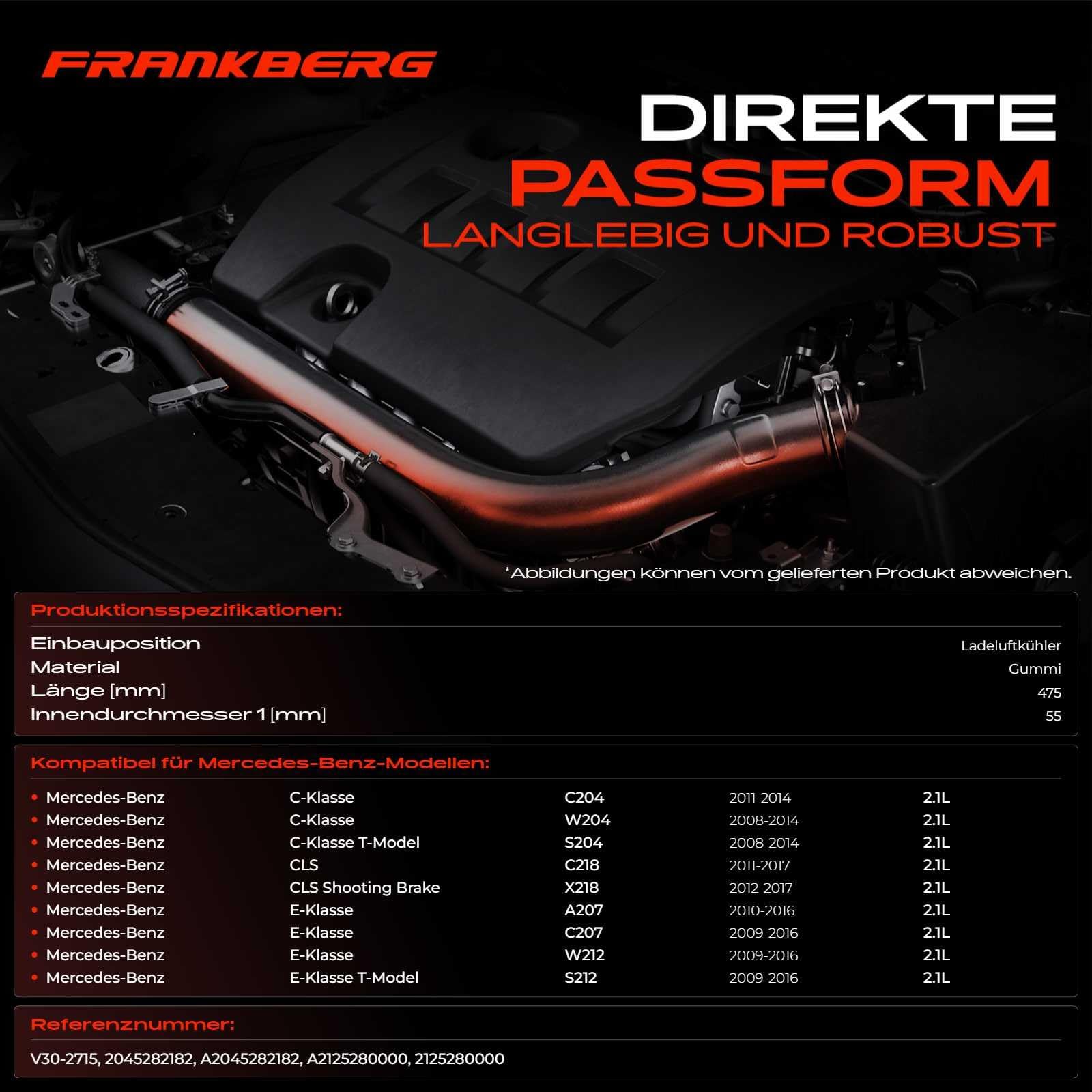 Frankberg Ladeluftschlauch Turboschlauch Links Kompatibel C-Klasse W204 C180 C200 C220 C250 2008-2014 E-Klasse W212 E200 E220 E250 2009-2016