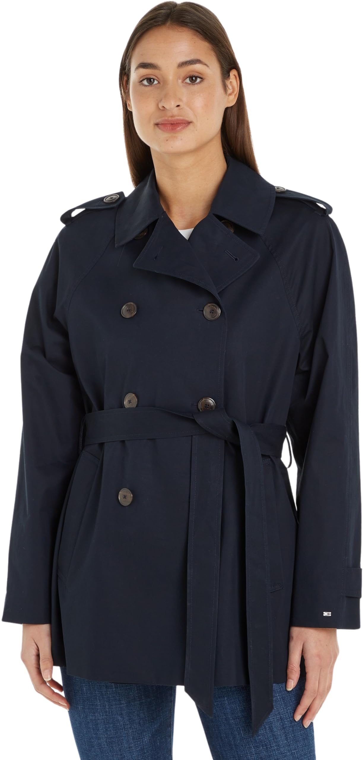 Tommy Hilfiger Damen Trenchcoat Cotton Short Kurzmantel, Blau (Desert Sky), 40