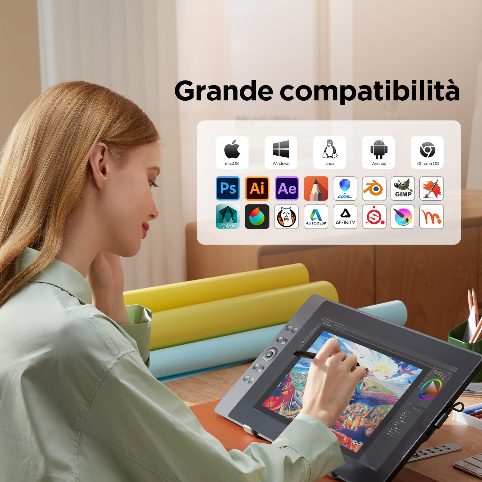 Tavoletta Grafica ugee con Display, UE16 FHD IPS da 15,4 Pollici con Schermo sRGB al 143%, Stilo Senza Batteria da 16K Passi, 8 Tasti di Scelta Rapida Fisici e una Rotella Rotonda