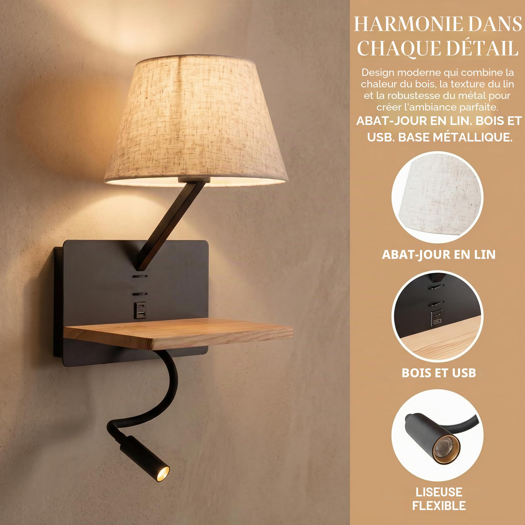 BARCELONA LED Applique murale de lecture “Artin USB+USBC” avec abat-jour E27, spot LED orientable 3W, étagère en bois et design moderne pour chambre, tête de lit et hôtels, Noir