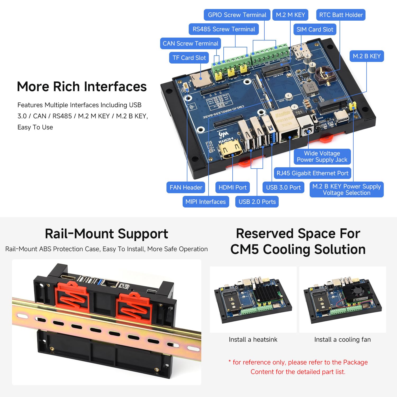 Waveshare Industrial IoT Wireless Expansion Board For Raspberry Pi CM5, 4G / 5G / Lora Expansion Support, Gigabit Ethernet RJ45 Port, Dual MIPI Interfaces, Supports 4K Output