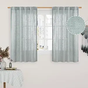 LAMIT Semi Sheer Linen Curtains 48 Inch Length, Light Filtering Panels Back Tab and Rod Pocket Neutral Drapes for Kitchen/Window/Loft Room, Greyish Blue, 2 Panels, 34 x 48 Inch