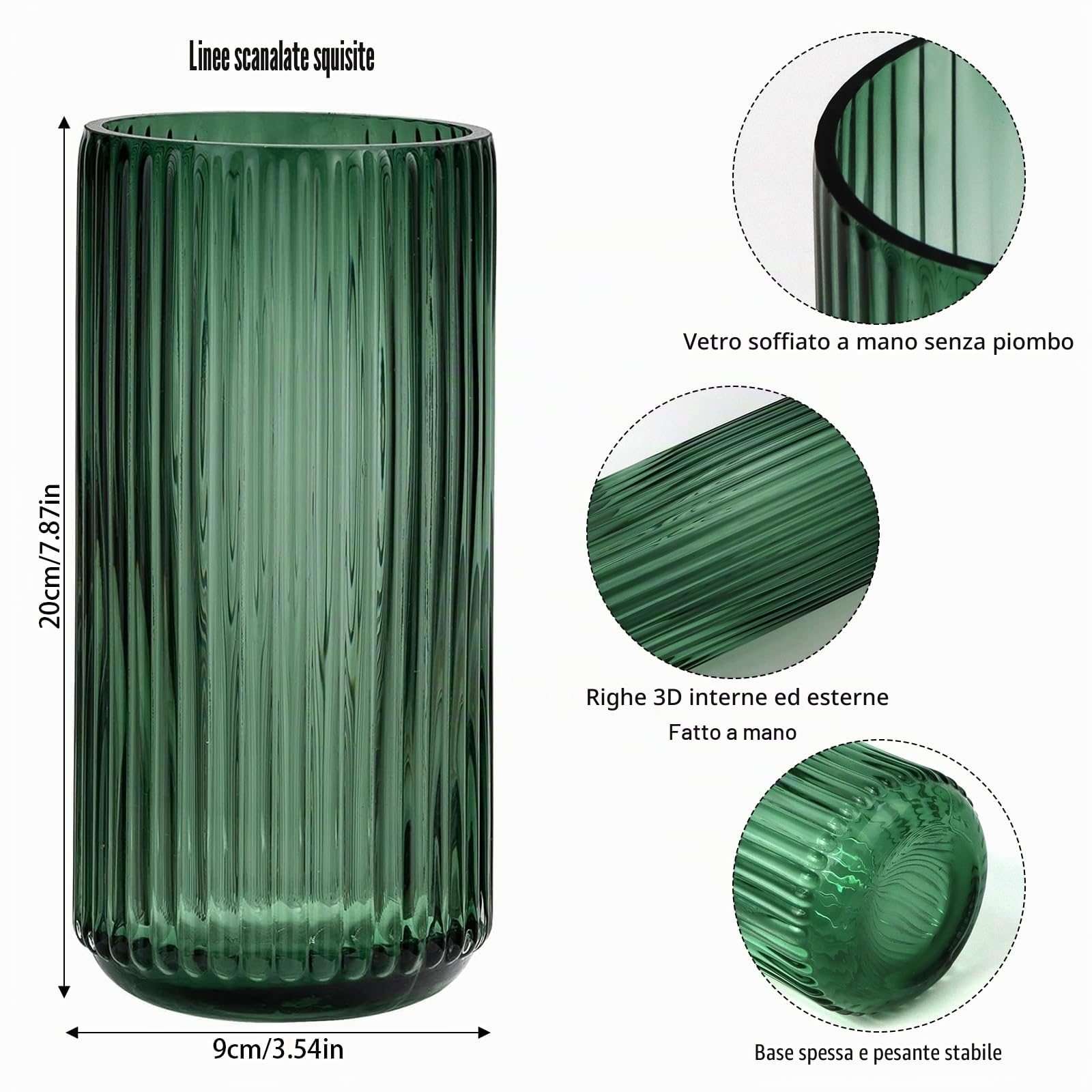 Vaso di vetro verde ispessito di alta qualità, vaso da fiori in vetro a coste per vasi rustici, vaso decorativo moderno per fiori, vasi per decorazione, ideale per mensole, soggiorno, tavolo