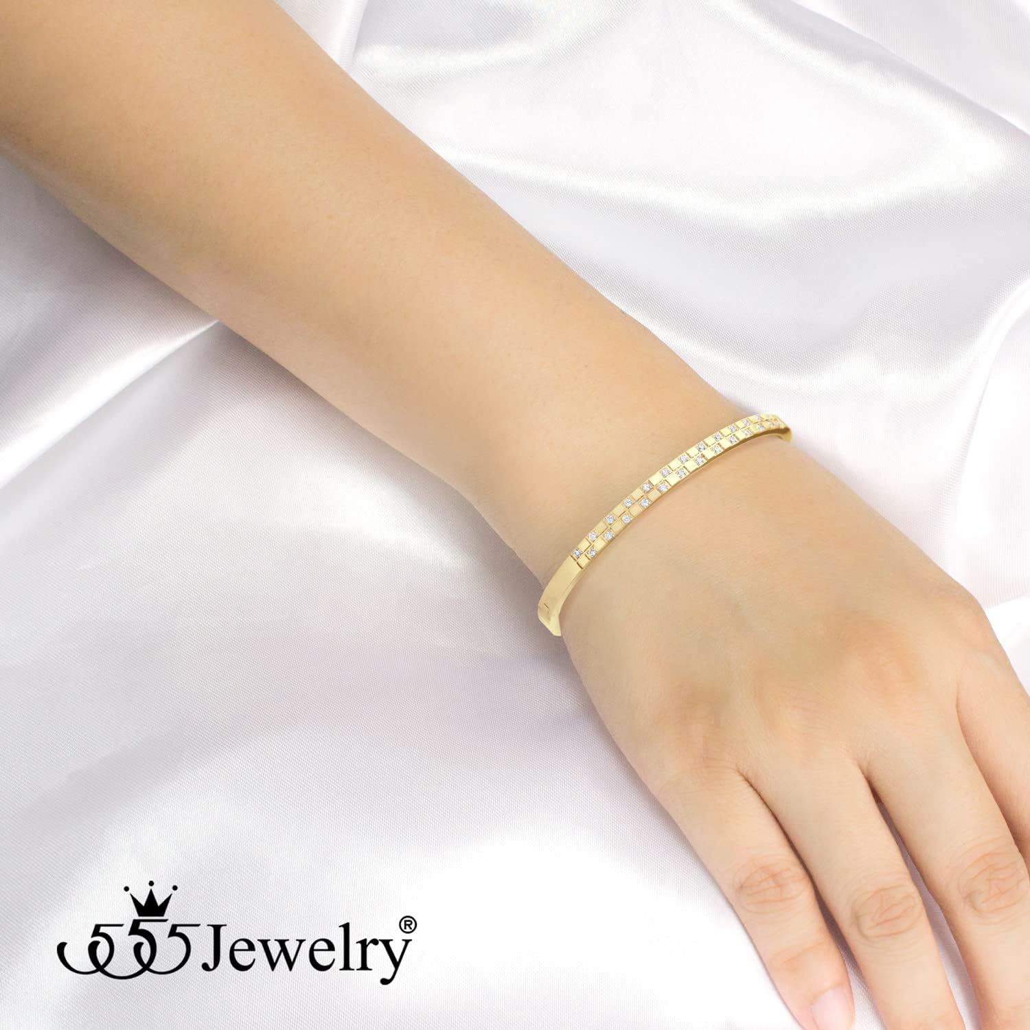 555Jewelry Luxury CZ Stainless Steel Hinged Cuff Bangle Bracelet for Women - Image 3