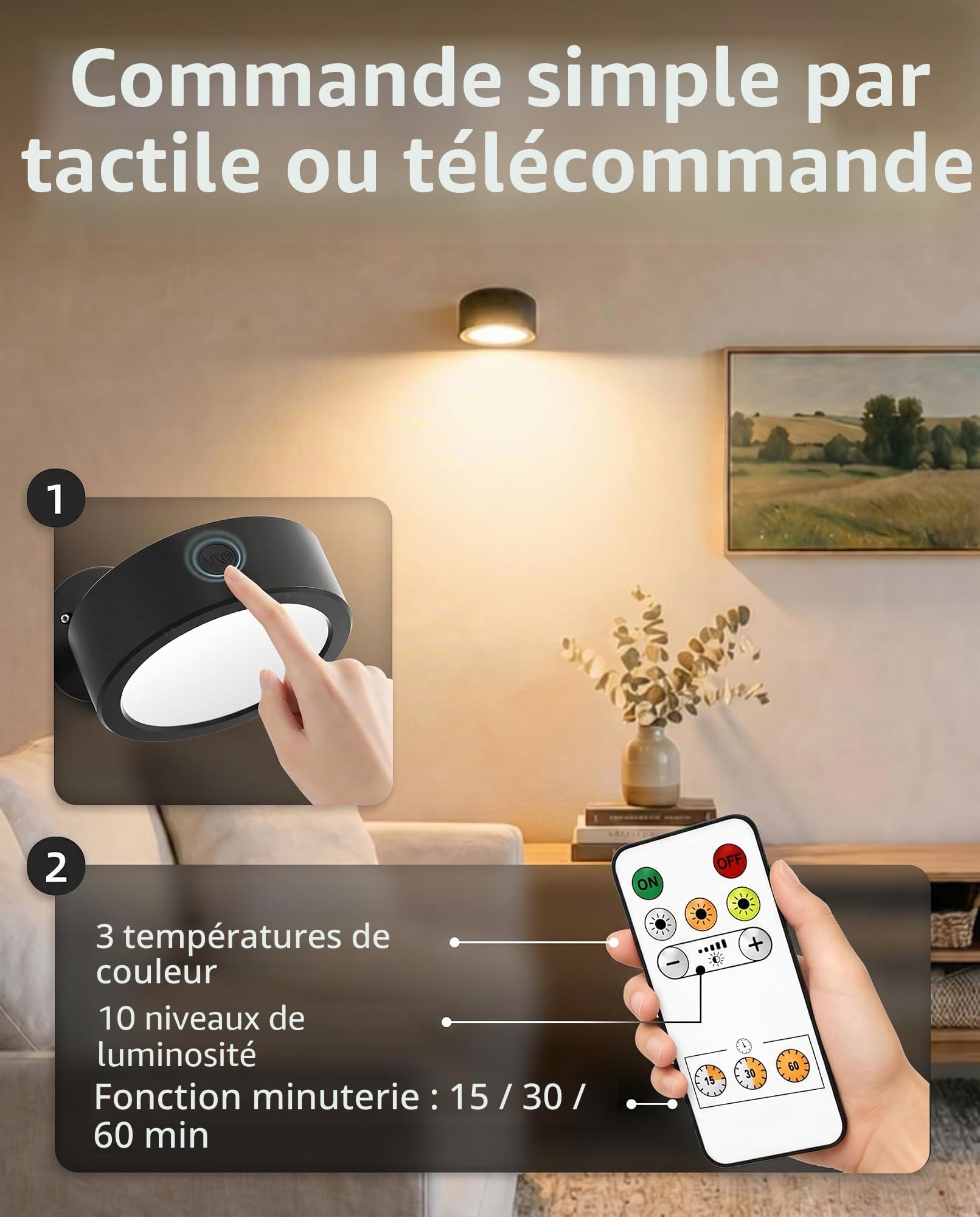 EZVALO Applique Murale Sans Fil Intérieure Rechargeable,5500mAh,LED à Intensité Réglable,3Températures de Couleur,Rotation à 360° et Commande Tactile pour Salon,Chambre,Chevet,Couloir, Noir (2 Pièces)