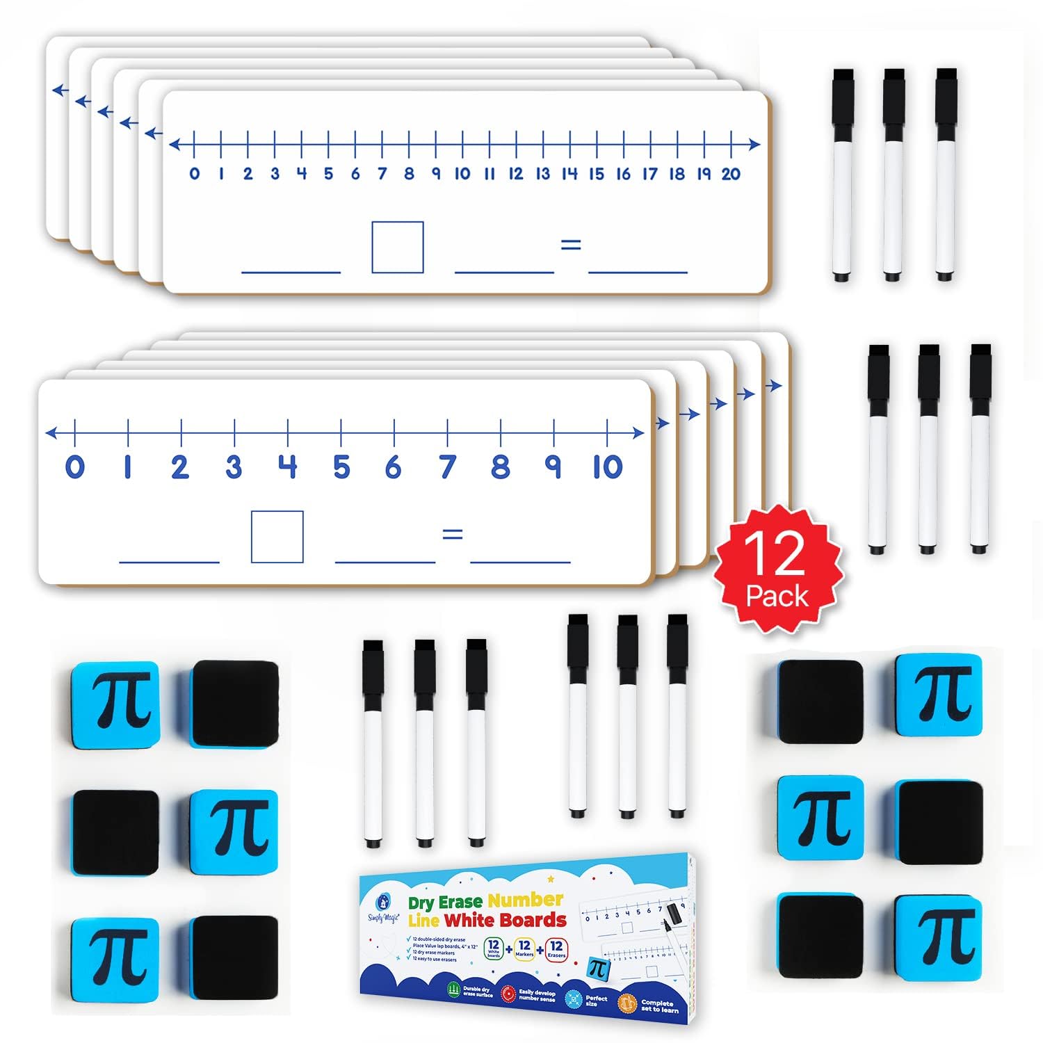 12-Pack Double-Sided Dry Erase Number Line White Boards - 4"x12", Elementary Numberline Strips, White Boards for Students, Math Manipulatives Must Haves, Number Line for Classroom Set - Simply Magic