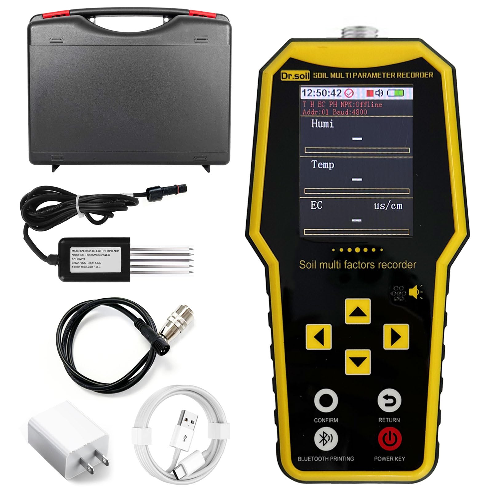 Probador de suelo 7 en 1, probador de nitrógeno fósforo y potasio NPK, kit de medidor de pH del suelo de mano, temperatura, conductividad, humedad, medidor CE para petroquímica, agricultura, amarillo