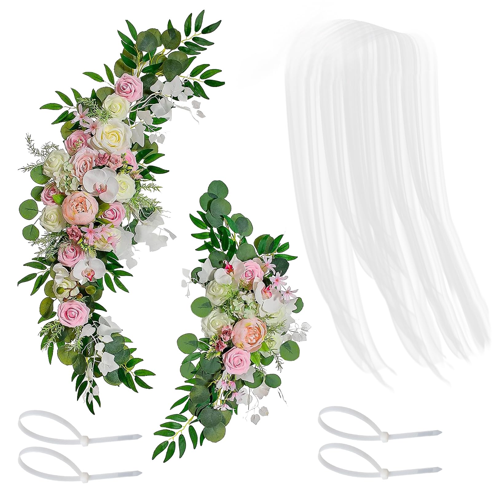 Juego de 3 Flores de Arco de Boda, Romántico Botín de Flores Artificiales con Tela Drapeada para Recepción de Boda, Telón de Fondo, Ceremonia, Señal de Bienvenida(rosas claros)