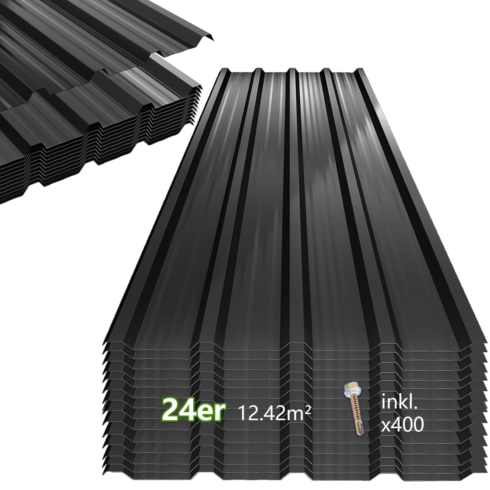 24er Set Profilblech Trapezblech, 115x45 cm (12,42 m²) Verzinkt Metall Dachplatten Wellblechplatten mit 400 Schraube, Schwarz 0,25mm Dachblech Wetterfest für Carport, Dach, Garag, Gerätehaus