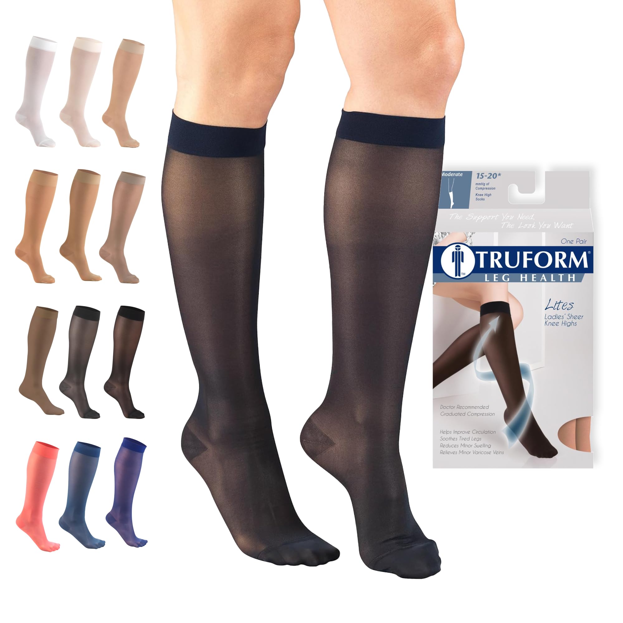 Truform Sheer Compression Stockings, 15-20 mmHg, Women's Knee High Length, 20 Denier, Navy, Small